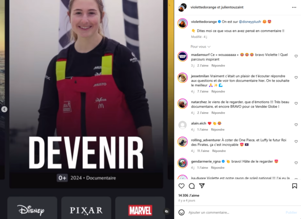 Post Instagram présentant la réaction de la Skippeuse Violette d'Orange face à son documentaire sur Disney +