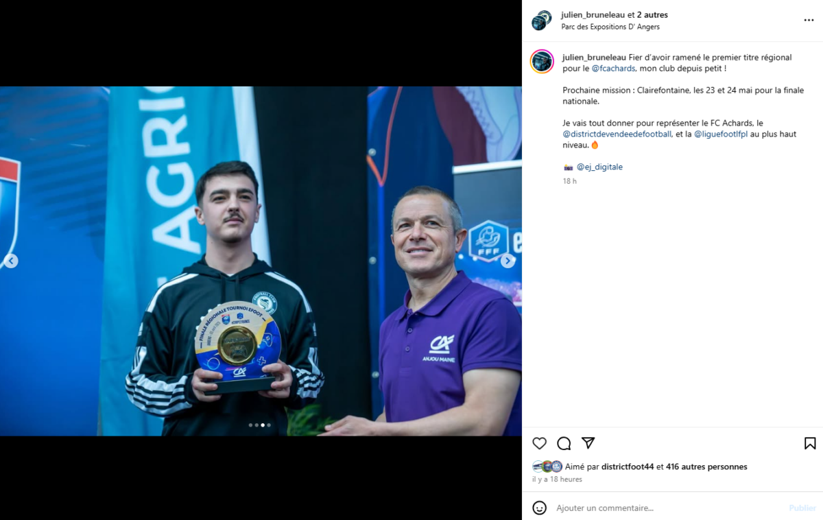 Post présentant la victoire du Vendéen Julien Bruneleau en e-Coupe des Pays de la Loire